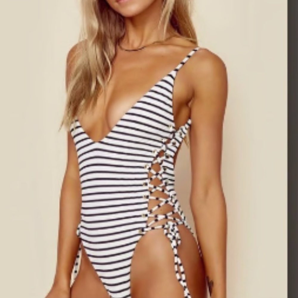 Blue Life Striped Lace-Up One-Piece Swimsuit (XSmall)